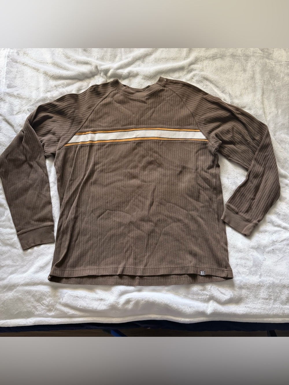 urban pipeline Brown Ribbed Long-Sleeve Crew with White and Gold Chest Stripes